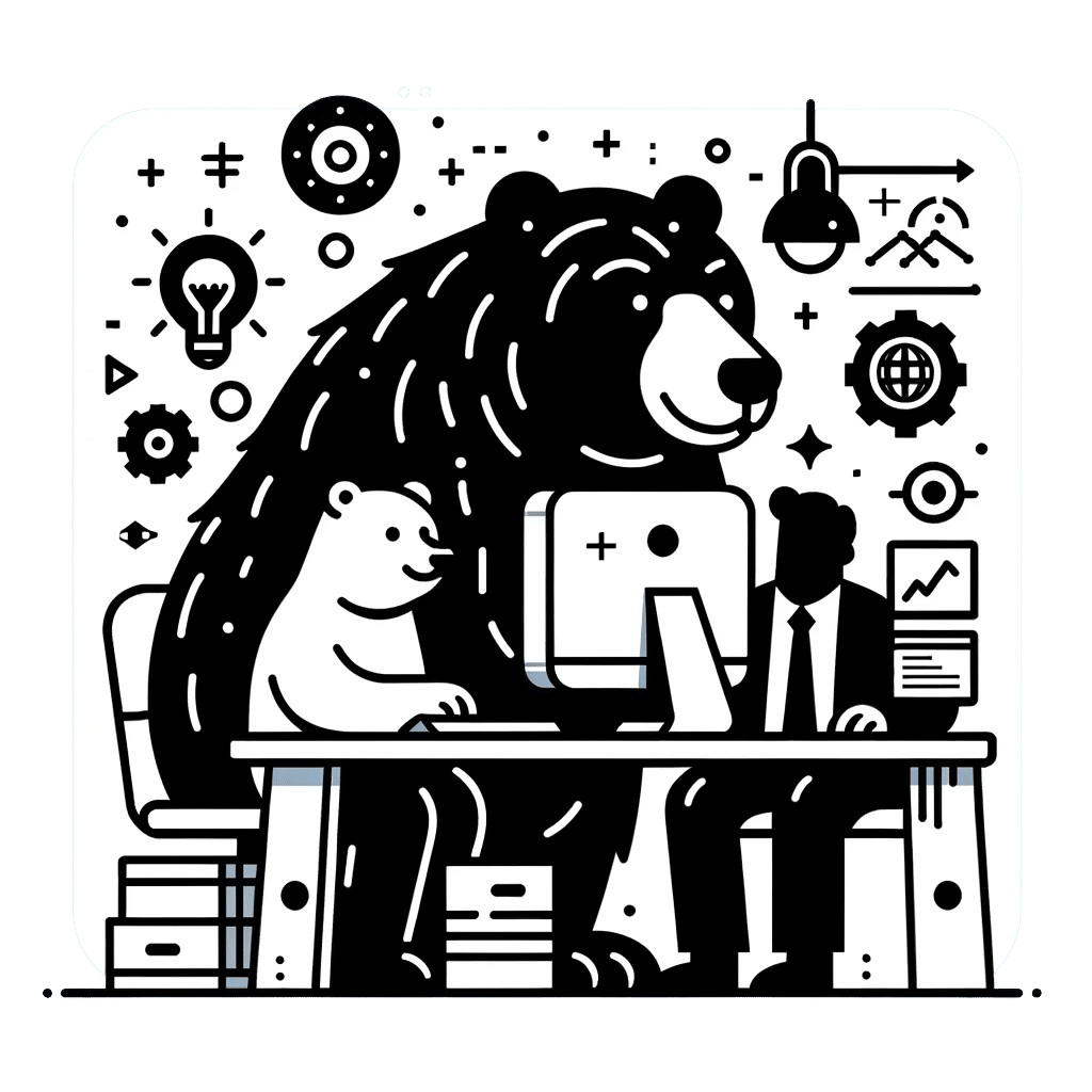 Monochrome illustration of a large bear standing behind a smaller bear sitting at a computer desk, with a human figure and various digital and business icons surrounding them.