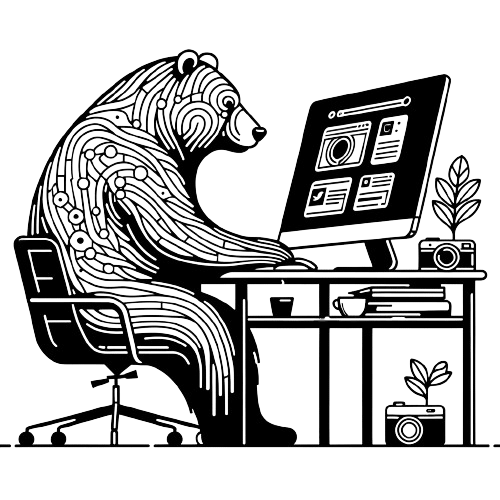 Line art illustration of a bear intently using a laptop at a desk, surrounded by subtle hints of nature and technology.