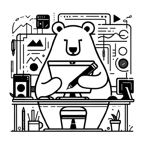 A monochromatic illustration showing a cheerful bear sitting at a desk, engaging with a digital drawing board, flanked by creative tools and multimedia icons.