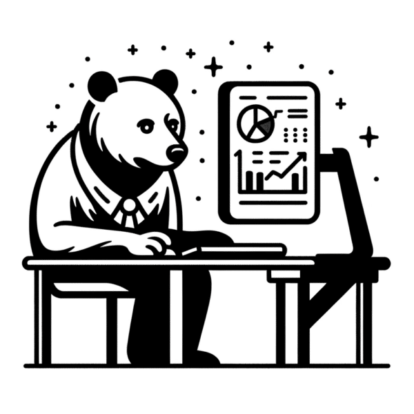 Illustration of a bear dressed in a business attire, analyzing data on a computer screen, with graphical charts and symbols of success twinkling around.