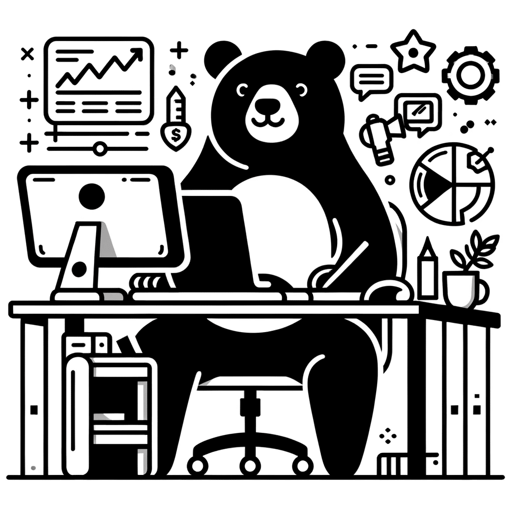 A bold black and white illustration of a bear at an office desk with two monitors displaying financial growth charts, surrounded by symbols of economic success and marketing.