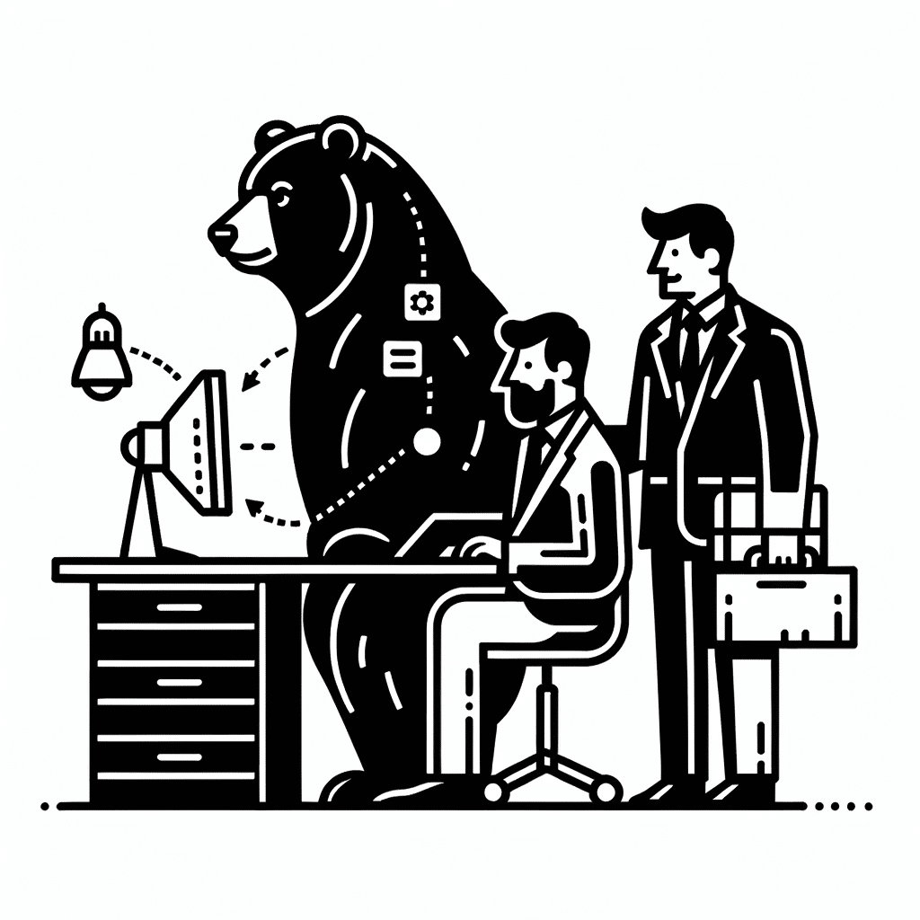 A stark black and white illustration depicting a bear in a leadership role seated at a desk with two attentive human colleagues standing beside, symbolizing teamwork and guidance.