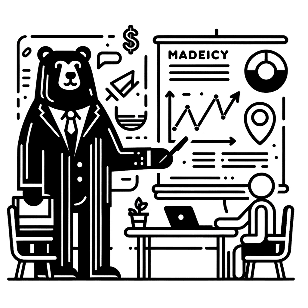 A dynamic black and white illustration of a bear dressed in a professional suit presenting a business strategy, with an attentive human colleague working at the computer.